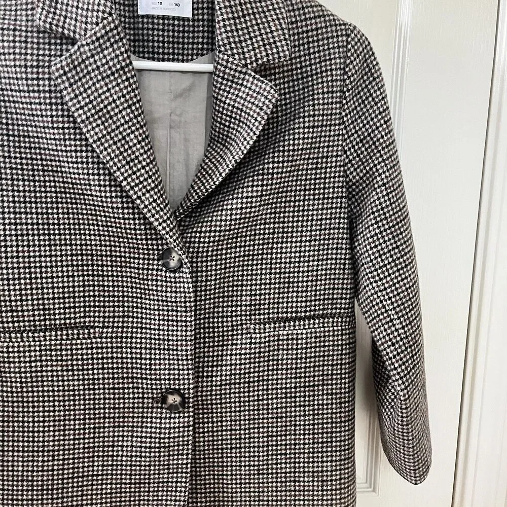 Zara Girls Two Tone Wool Blend Plaid Tweed Coat Brown Black Size 10